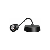 Black wall-mounted lamp with flexible arm on a white background